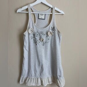 A&F Y2K Tank Top Tunic Racerback Sequin Cotton Beaded Flower Appliqué Small